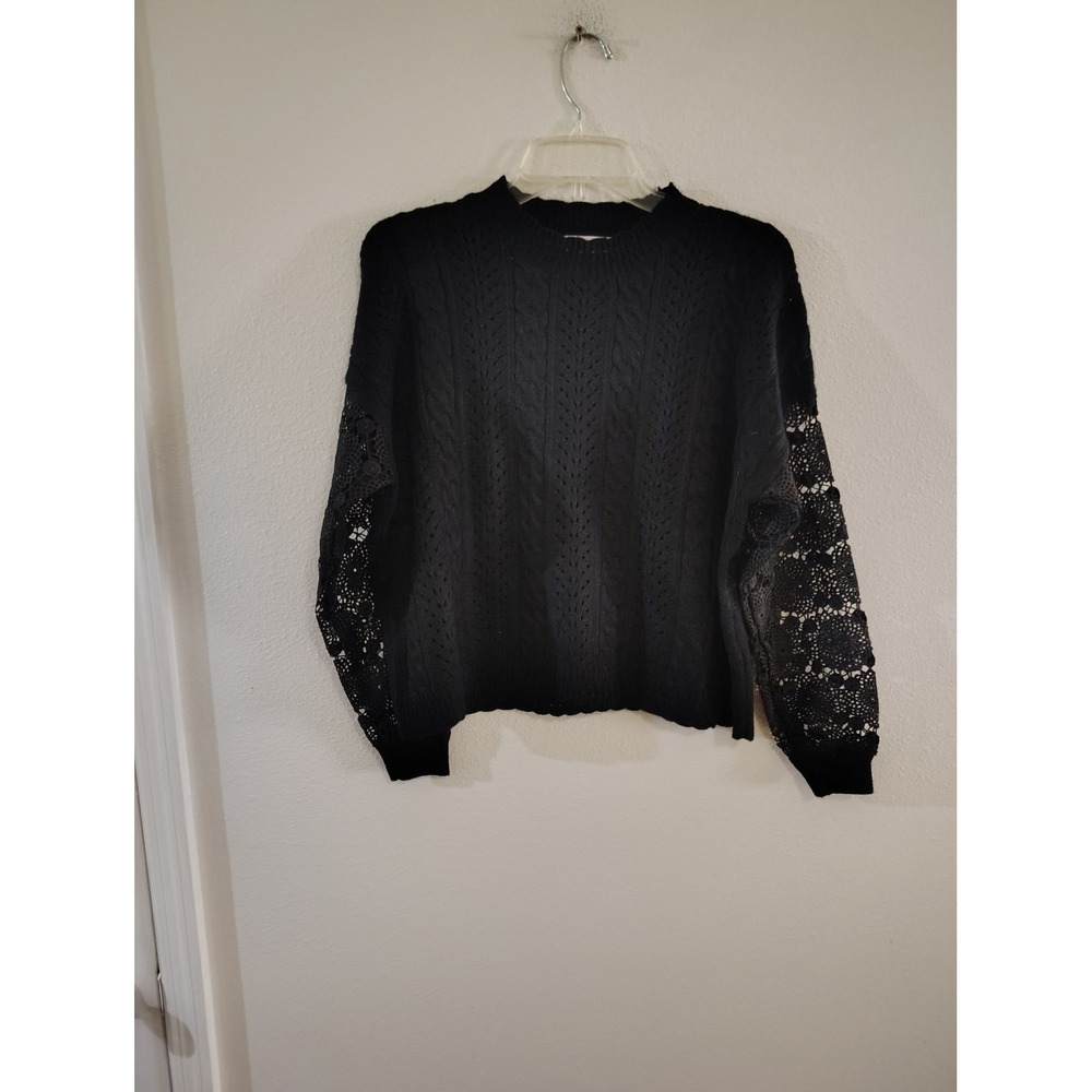 Vici Black Cable Knit Crochet Lace Sleeve Sweater Crewneck Pullover Boho